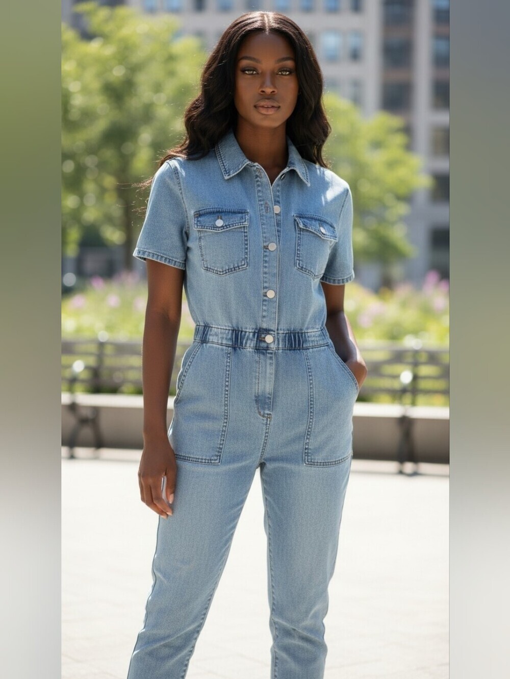 Celebrity Pink Denim Jumpsuit Blue Short Sleeve Button Front Women's S